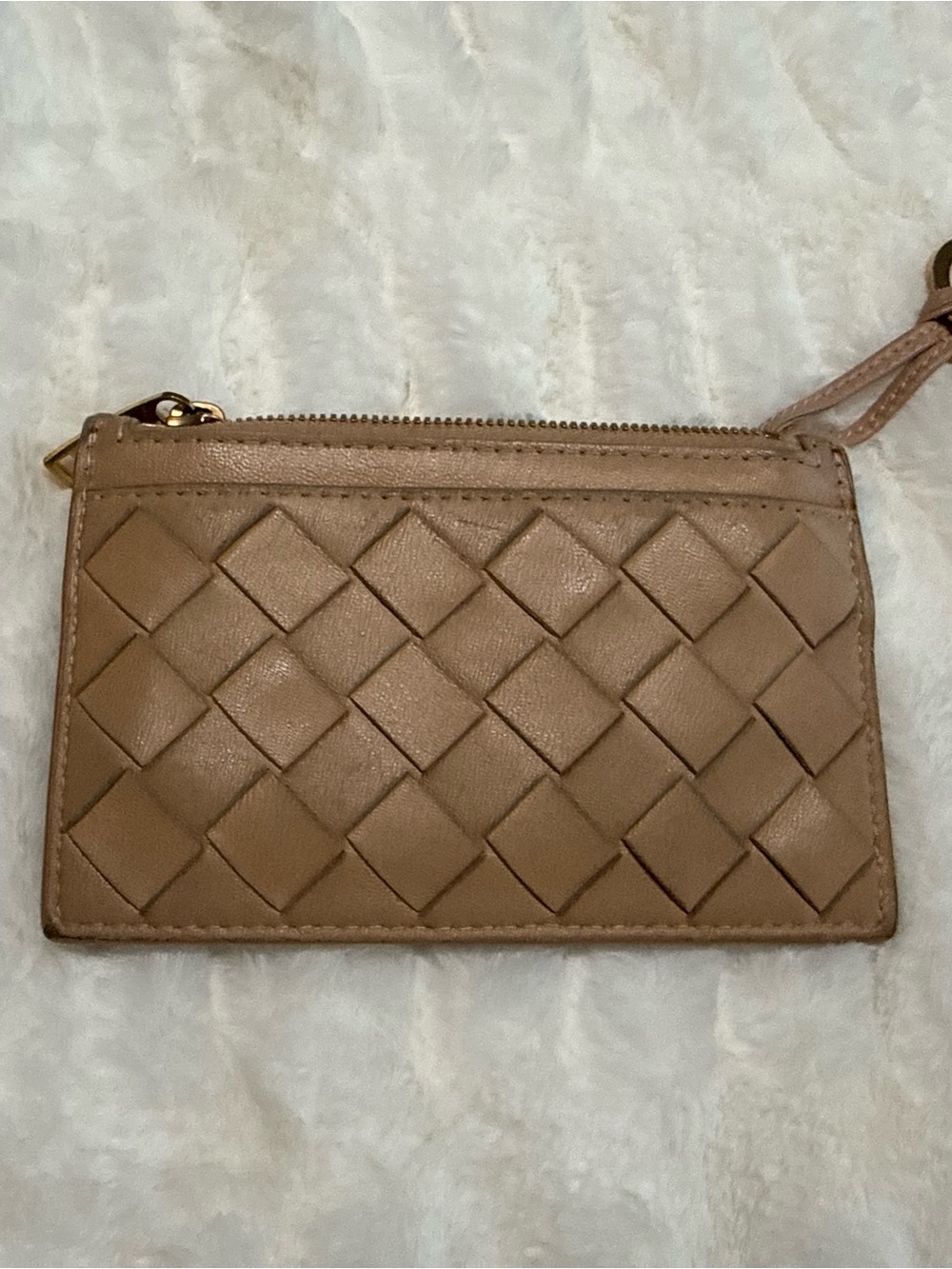 Bottega Veneta Woven Leather Key Cles Card Case - Tan